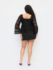 Cotton-blend Lace Ruffle Bell Sleeve Blouse Curve & Plus