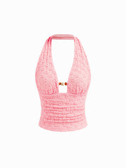 Lace Halter Neckline Floral Beaded Ruched Backless Top