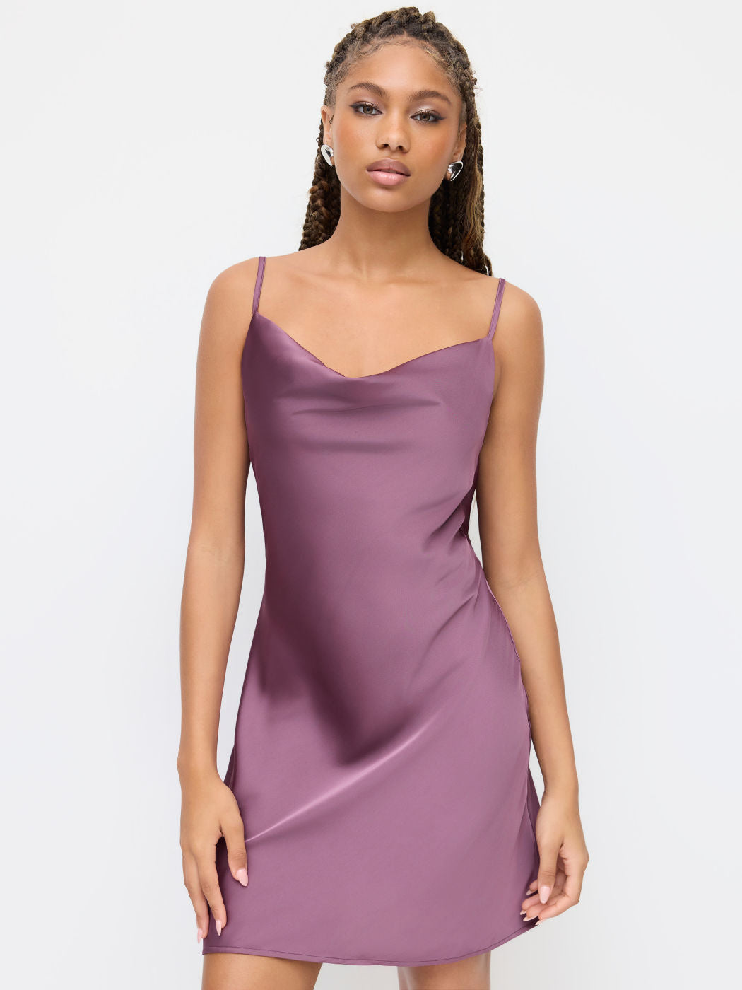 Satin Cowl Neck Lace Cami Mini Dress