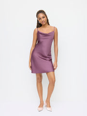 Satin Cowl Neck Lace Cami Mini Dress