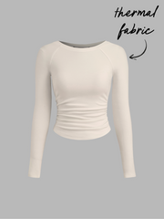 Thermal Cotton-blend Boat Neck Solid Ruched Long Sleeve Tee