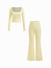 Square Neck Pointelle Lettuce Trim Top & High Rise Bowknot Flared Trousers Loungewear Set