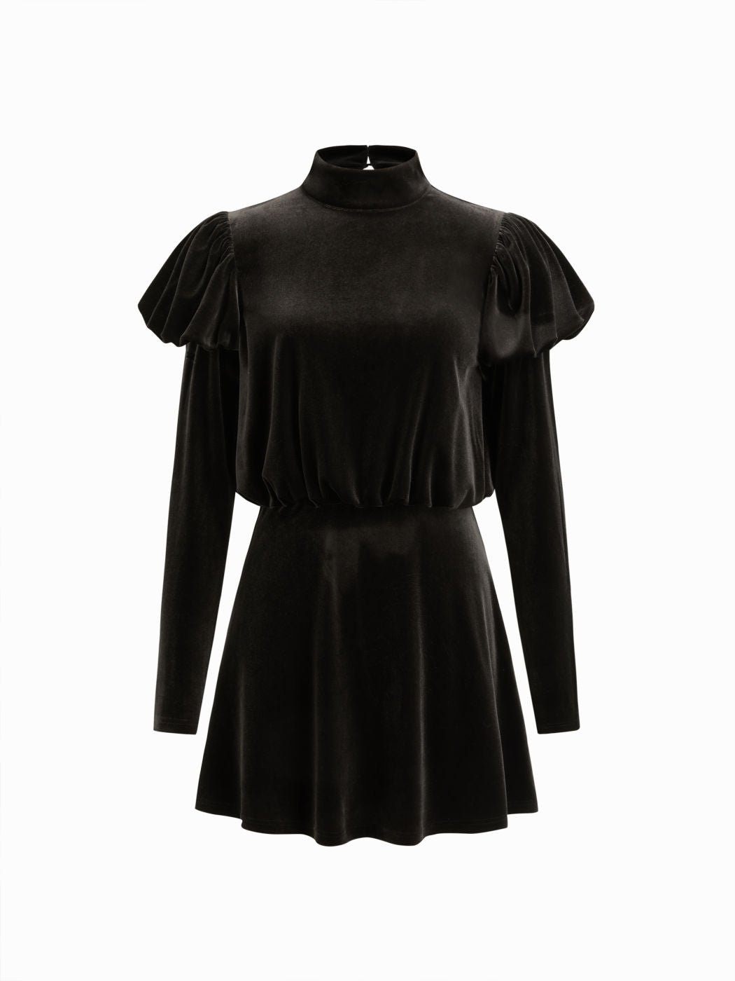 Velvet Stand Collar Ruched Ruffle Hem Mini Dress
