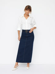 Stretch Denim Mid Rise Split Back Maxi Skirt With Belt