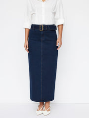 Stretch Denim Mid Rise Split Back Maxi Skirt With Belt