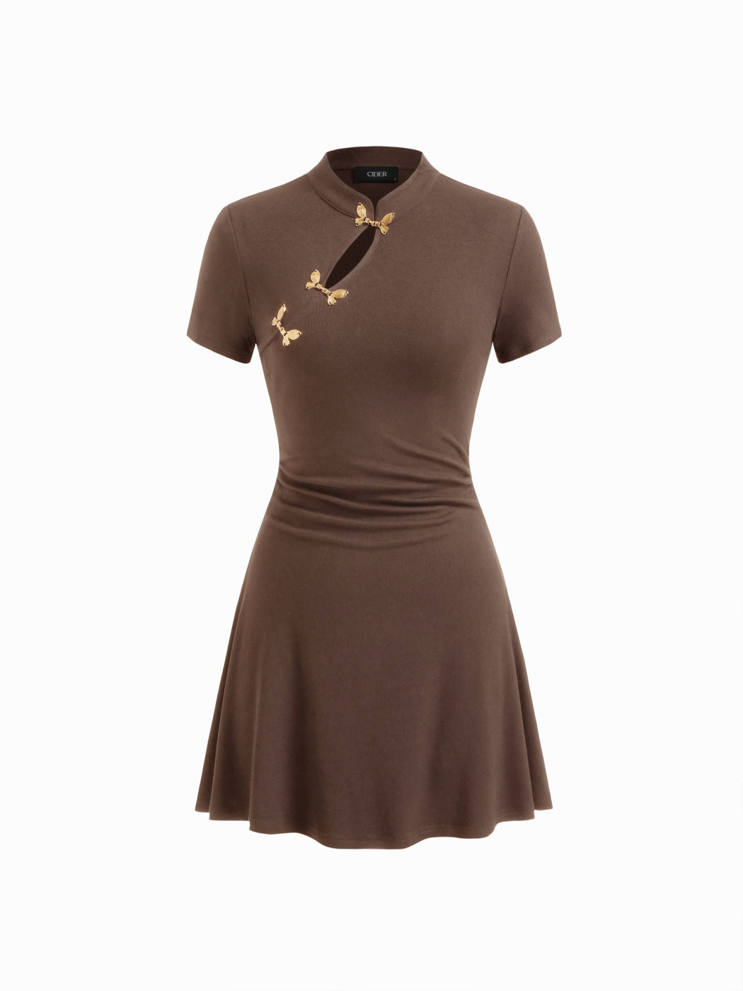 Mandarin Collar Short Sleeve Metal Detail Cut Out Ruched Mini Dress