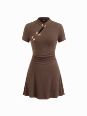 Mandarin Collar Short Sleeve Metal Detail Cut Out Ruched Mini Dress