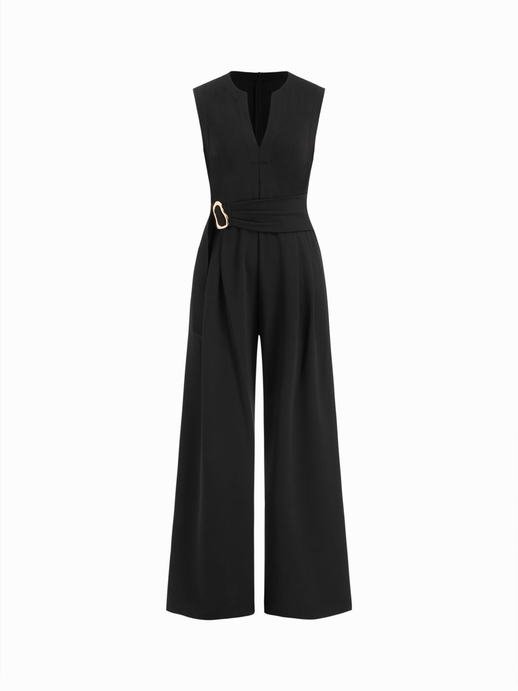 V-neck Metal Detail Zipper Wide Leg Jumpsuit