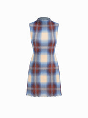High Neck Plaid Lettuce Trim Mini Dress