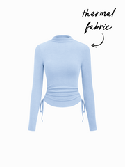 Thermal Cotton-blend Stand Collar Drawstring Ruched Tee