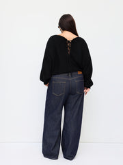 Knit Boat Neck Lace Up Knotted Long Sleeve Top Curve & Plus