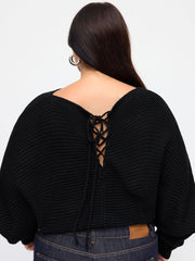 Knit Boat Neck Lace Up Knotted Long Sleeve Top Curve & Plus