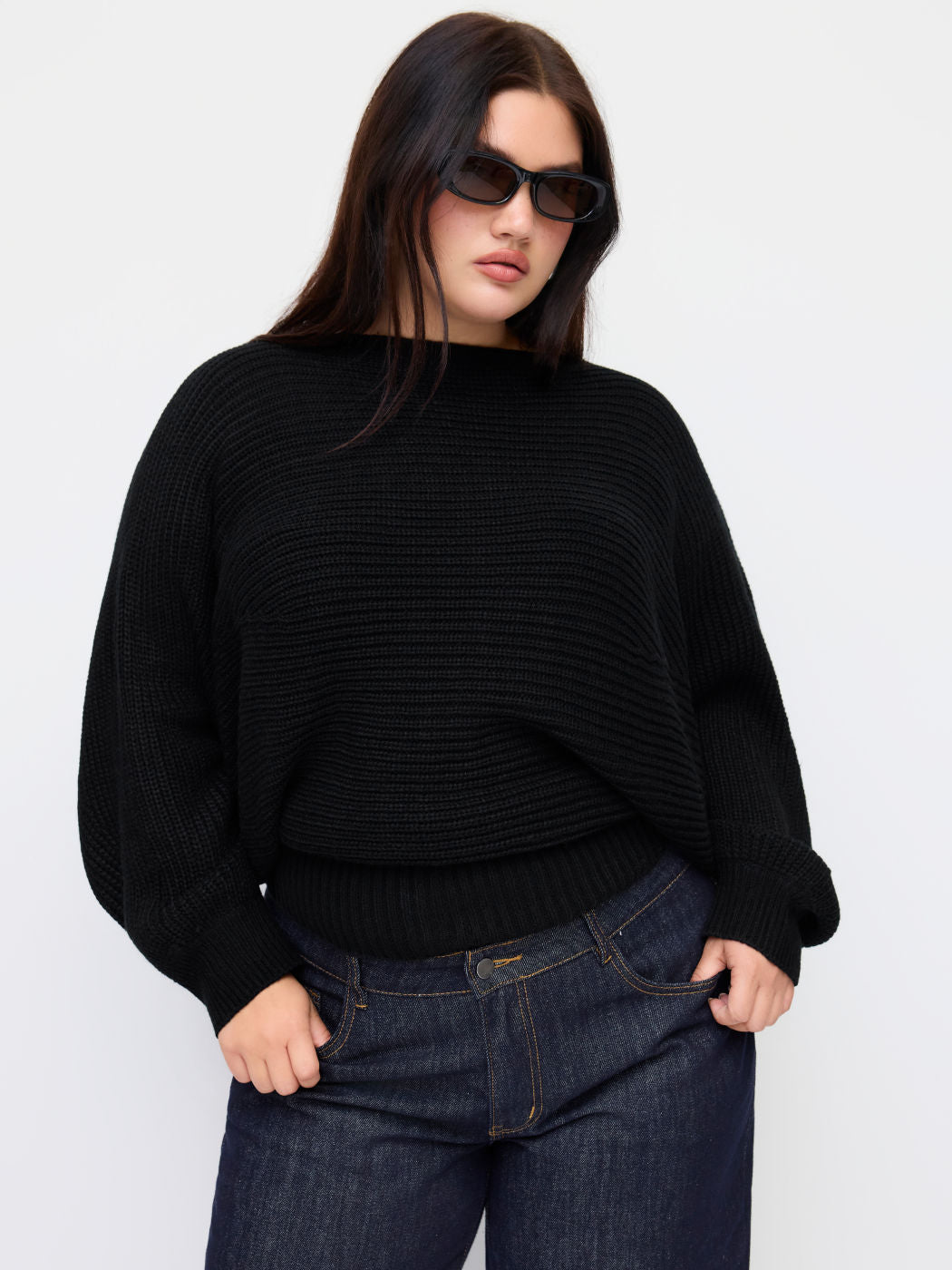 Knit Boat Neck Lace Up Knotted Long Sleeve Top Curve & Plus