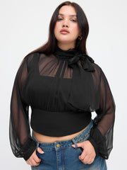High Neck Sheer Bowknot Crop Blouse Curve & Plus