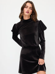 Velvet Stand Collar Ruched Ruffle Hem Mini Dress