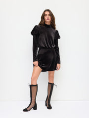 Velvet Stand Collar Ruched Ruffle Hem Mini Dress