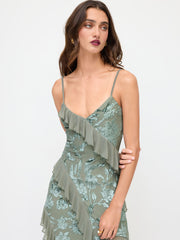 Mesh V-neck Floral Ruffle Asymmetrical Hem Maxi Bodycon Dress