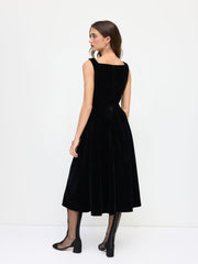 Velvet Cowl Neck Ruffle Bowknot Midi Cami Dress