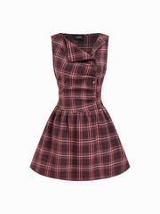 Plaid Asymmetrical Neck Ruched Tie Back Mini Dress
