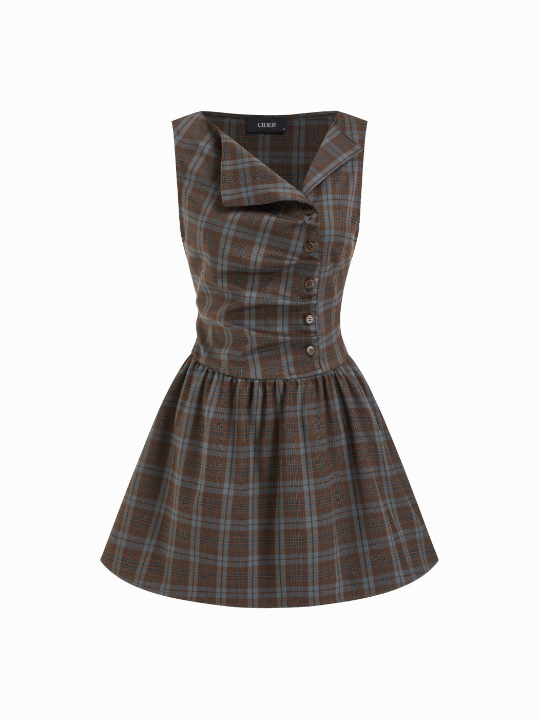 Plaid Asymmetrical Neck Ruched Tie Back Mini Dress