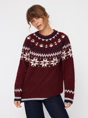 Knit Wool-blend Round Neckline Snowflake Pattern Striped Sweater