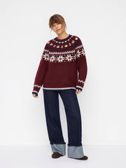 Knit Wool-blend Round Neckline Snowflake Pattern Striped Sweater