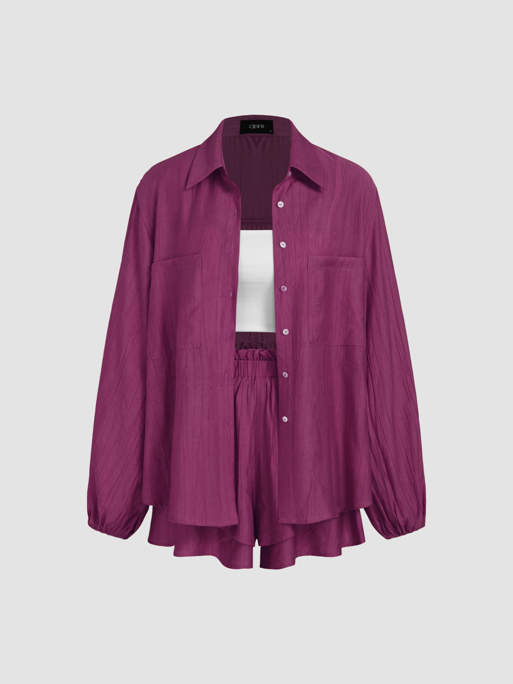 3 Pieces Polo Neck Lantern Sleeve Shirt & Cami Crop Top & Lettuce Trim Layered Shorts Set