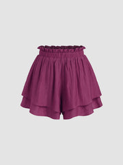3 Pieces Polo Neck Lantern Sleeve Shirt & Cami Crop Top & Lettuce Trim Layered Shorts Set