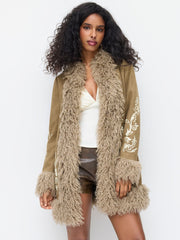 Velvet Collar Faux Fur Trim Graphic Coat