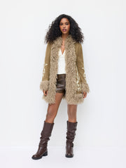 Velvet Collar Faux Fur Trim Graphic Coat