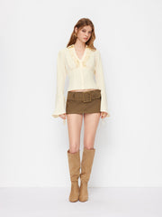 Textured V-neck Lettuce Trim Knotted Cinched Waist Bell Sleeve Blouse