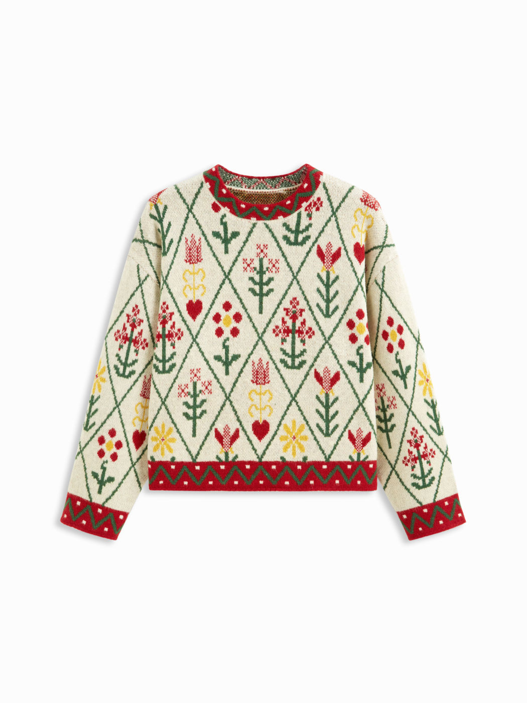 Knit Round Neckline Floral Contrasting Binding Top Curve & Plus