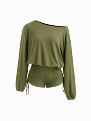Cotton-blend Asymmetrical Neck Drawstring Romper