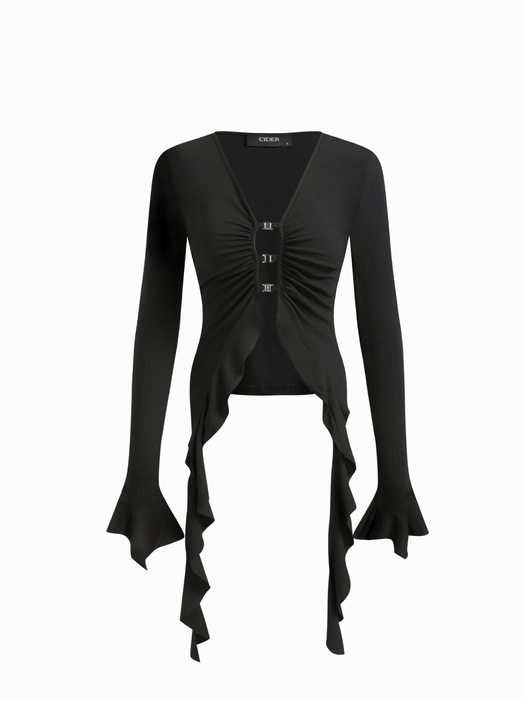 V-neck Metal Detail Cut Out Ruffle Hem Top