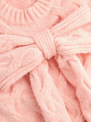 Cable Knit Round Neckline Short Sleeve Bowknot Top
