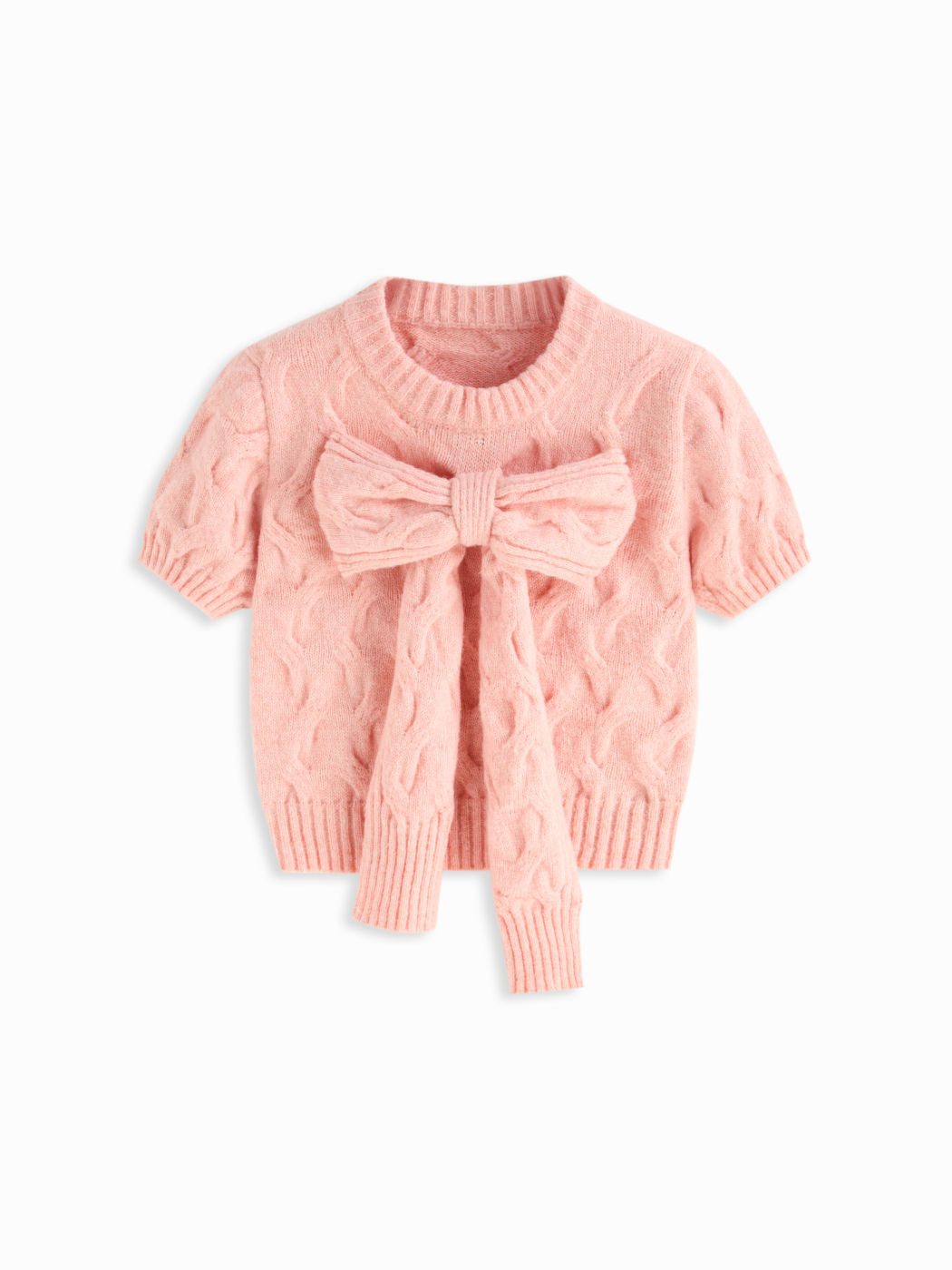 Cable Knit Round Neckline Short Sleeve Bowknot Top