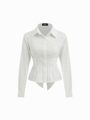 Cotton-blend Collar Long Sleeve Tie Back Button Shirt