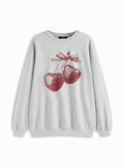 Cotton-blend Cherry Graphic Round Neckline Long Sleeve Oversized Sweatshirt