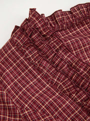 100% Cotton Plaid Deep V-neck Long Sleeve Ruffle Trim Belted Blouse