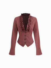 100% Cotton Plaid Deep V-neck Long Sleeve Ruffle Trim Belted Blouse