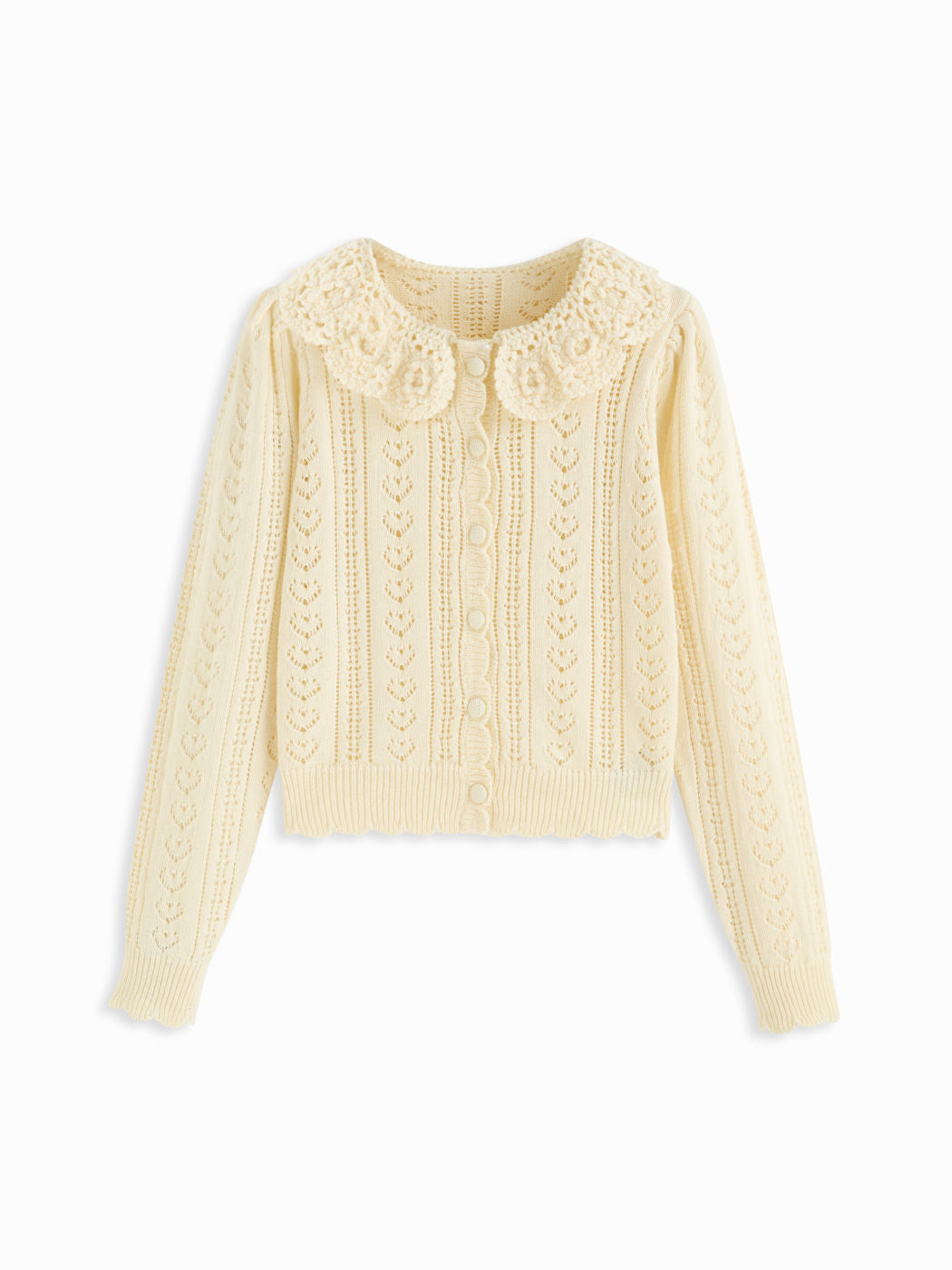 Crochet Peter Pan Collar Heart Hollow Out Button Long Sleeve Cardigan