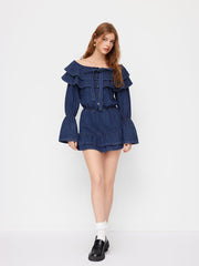 Denim U-neckline Bowknot Ruffle Layered Shirred Mini Dress