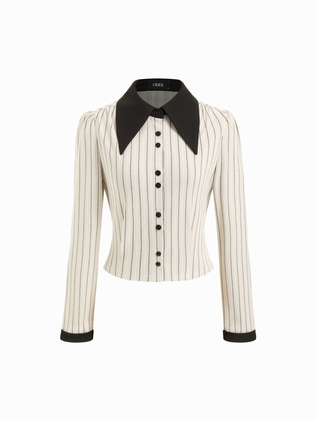 Collar Striped Contrasting Binding Long Sleeve Blouse