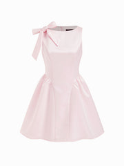 Satin Boat Neck Bowknot Ruffle A-line Mini Dress