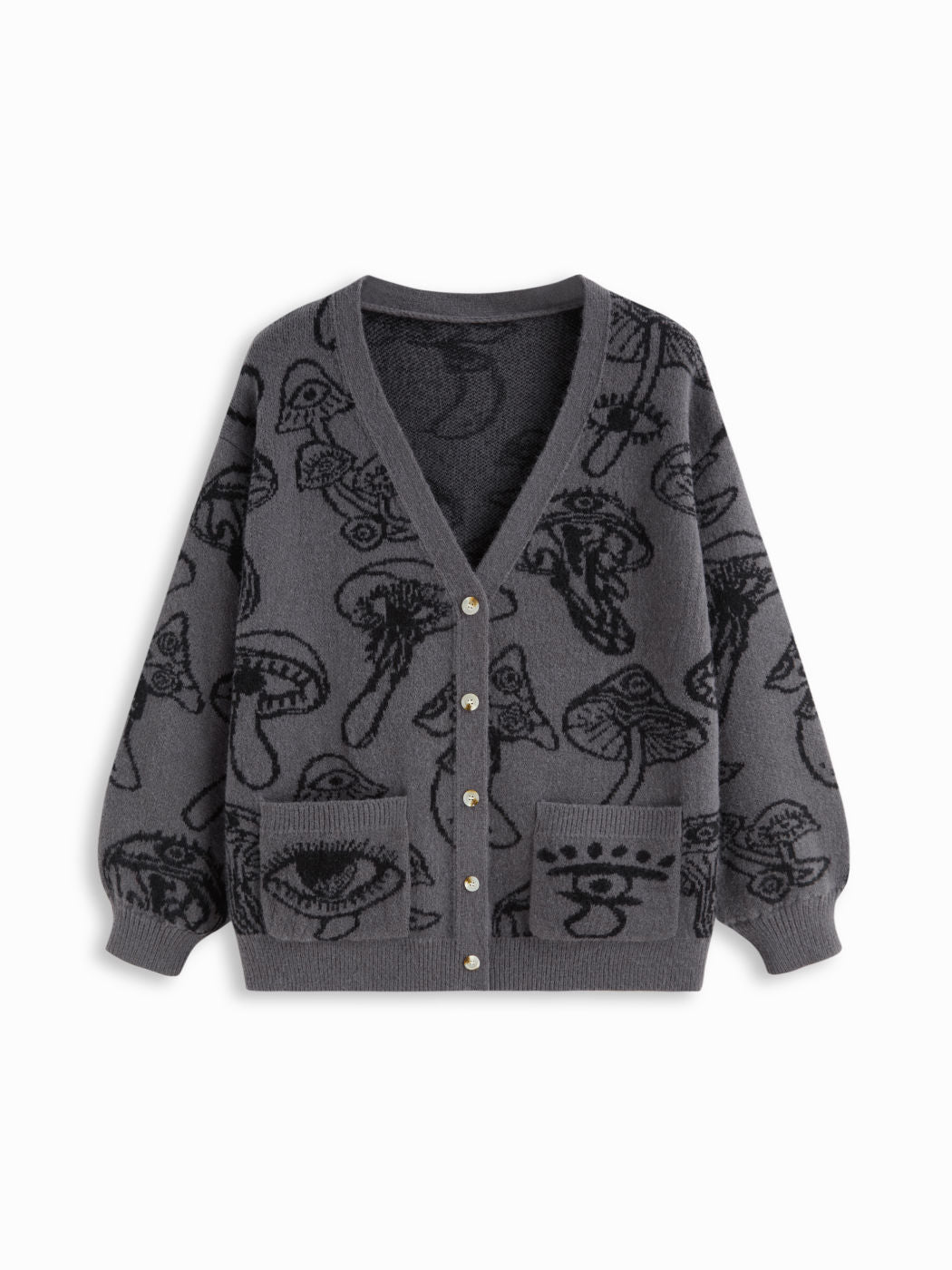 Knit V-neck Mushroom Graphic Cardigan Curve & Plus
