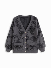 Knit V-neck Mushroom Graphic Cardigan Curve & Plus