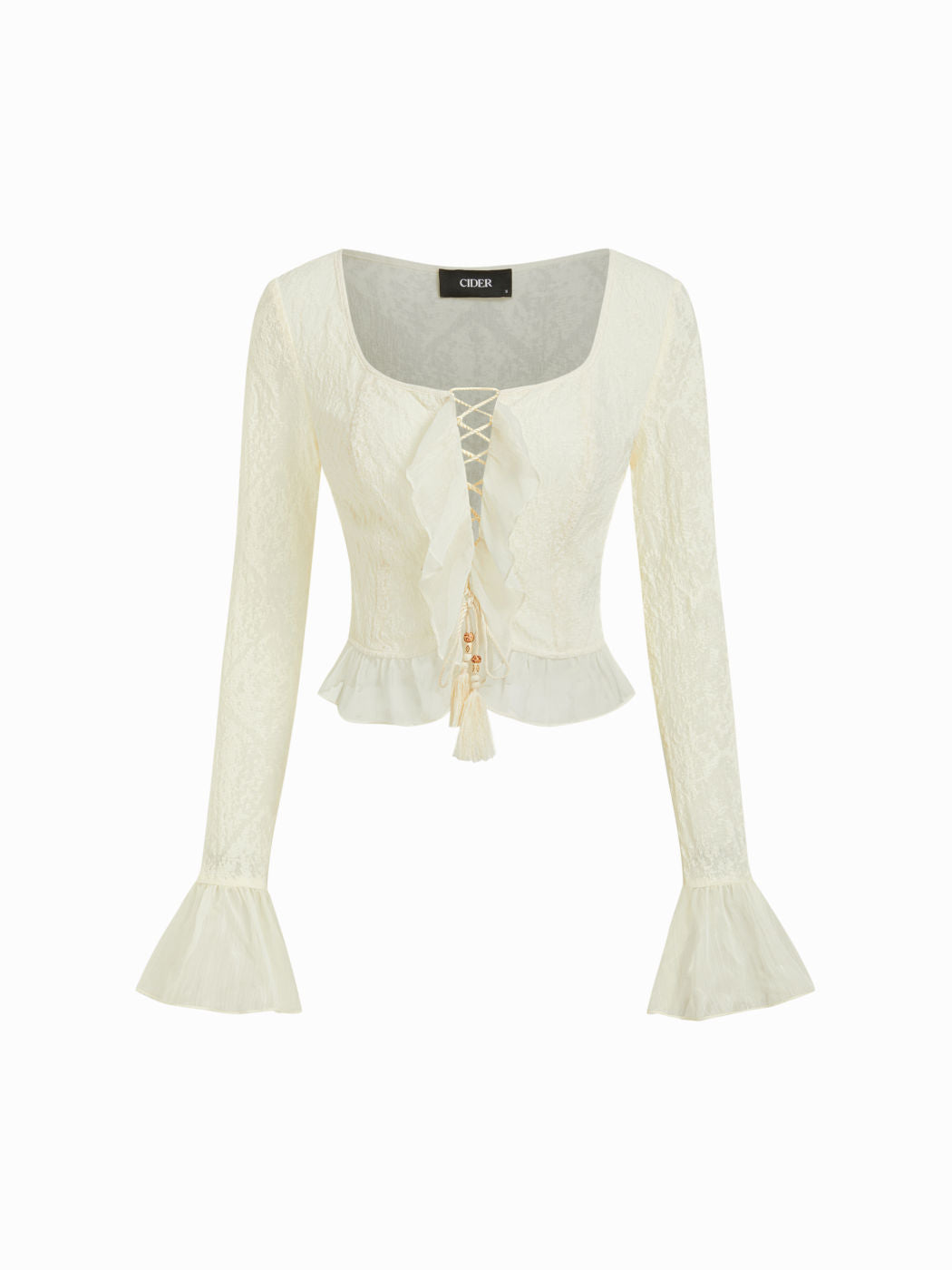 Textured Square Neck Ruffle Lace Up Beaded Long Sleeve Blouse