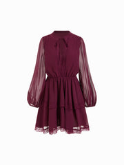 Chiffon Stand Collar Lace Trim Layered Lantern Sleeve Mini Dresses