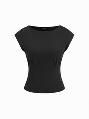 Cotton-blend Boat Neck Cinched Waist Tee