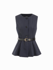 Round Neckline Houndstooth Blazer Vest With Belt